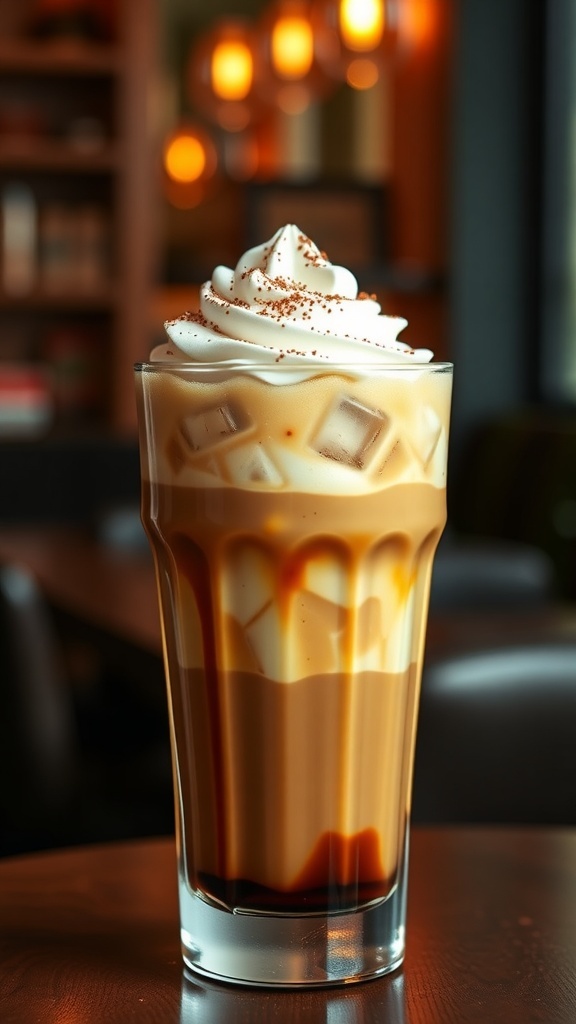 Low Carb 7 Brew Drinks Recipe A tall glass of low carb brew drink with ice and whipped cream, set in a cozy café.
